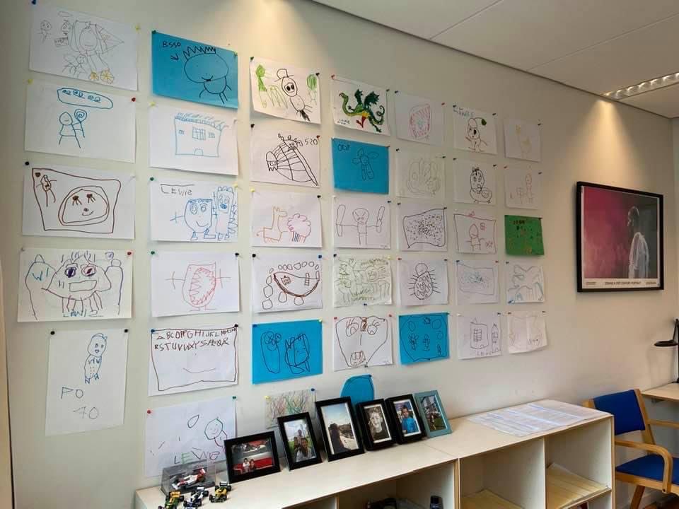 CarterMathiasen's tweet photo. Finally finished “redecorating” my office - and Lewis’ kindergarten drawings are back up on the wall 🤩😍 https://t.co/SrEuu2GgFm