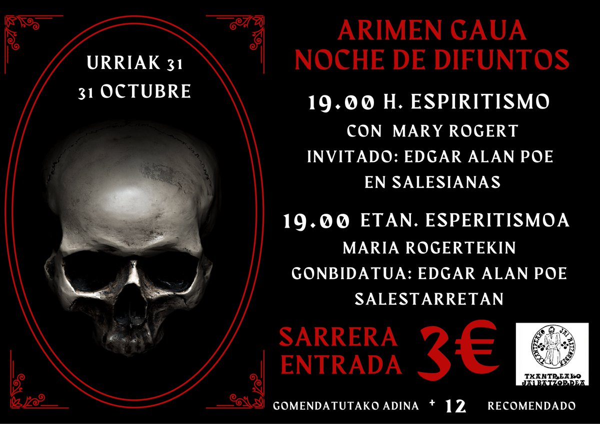 TBatzordea's tweet photo. ¡Ya llega la noche de los espiritus! Aquí teneis las actividades que hemos organizado para este año.

Lan entradas para el espectáculo de 'Espiritismo' estan a la venta en Auzotegi Kultur Etxea y el mismo día hasta completar aforo.

¡Animaros a participar!

¡Difunde! https://t.co/jcAFmUF30L