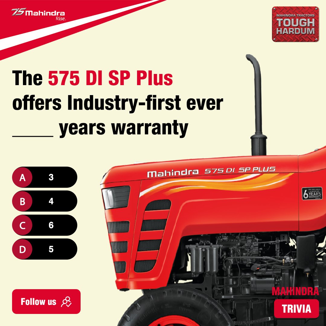 TractorMahindra's tweet photo. When you have the Mahindra 575DI SP Plus, you have nothing to worry about for years! Know the answer? Tell us your answers in the comments below.
#MahindraTrivia #MahindraTractor #MahindraTractorQuiz #SPPlus #Quiz #Tractorsinindia #toughfeature #toughperformance https://t.co/B8pU1NfuWB