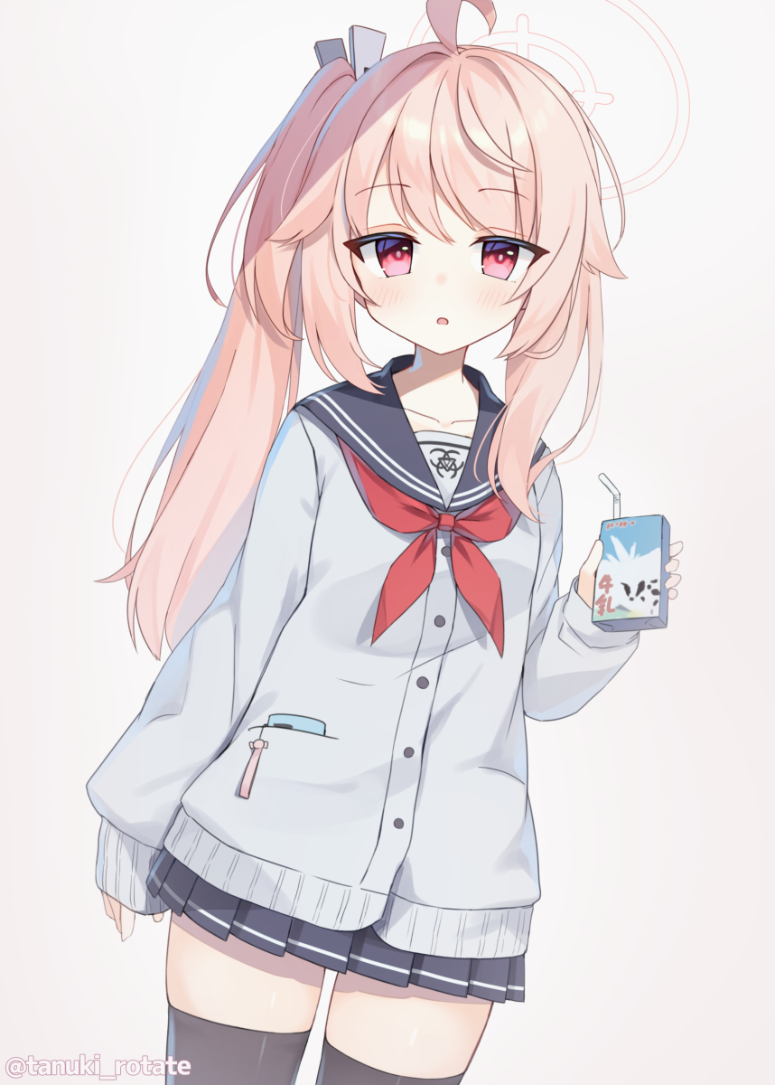 1girl solo thighhighs pink hair halo side ponytail juice box  illustration images