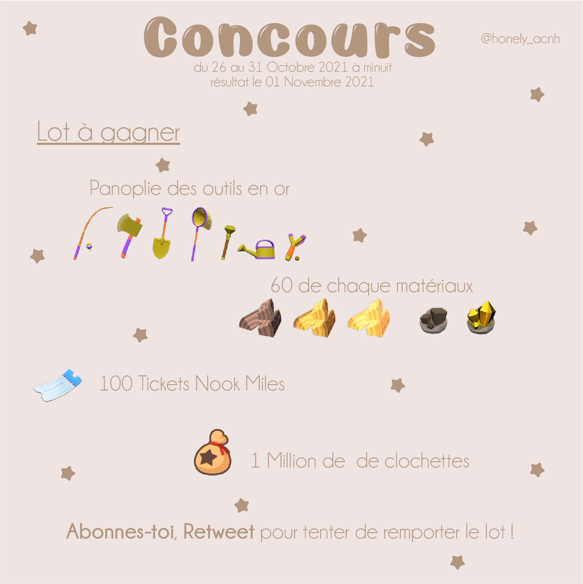 honely_acnh's tweet photo. Concours ! 🎉

Tenter de remporter le lot suivant !

Pour valider ta participation il faut :
-Être abonné à mon compte
-Retweeter ce post !

Fin du concours le 31 octobre à Minuit !
Résultat le 01 novembre !

Bonne Chance ! 🍀

#ACNH #ACNHEntraide https://t.co/gNF5zSsOgS