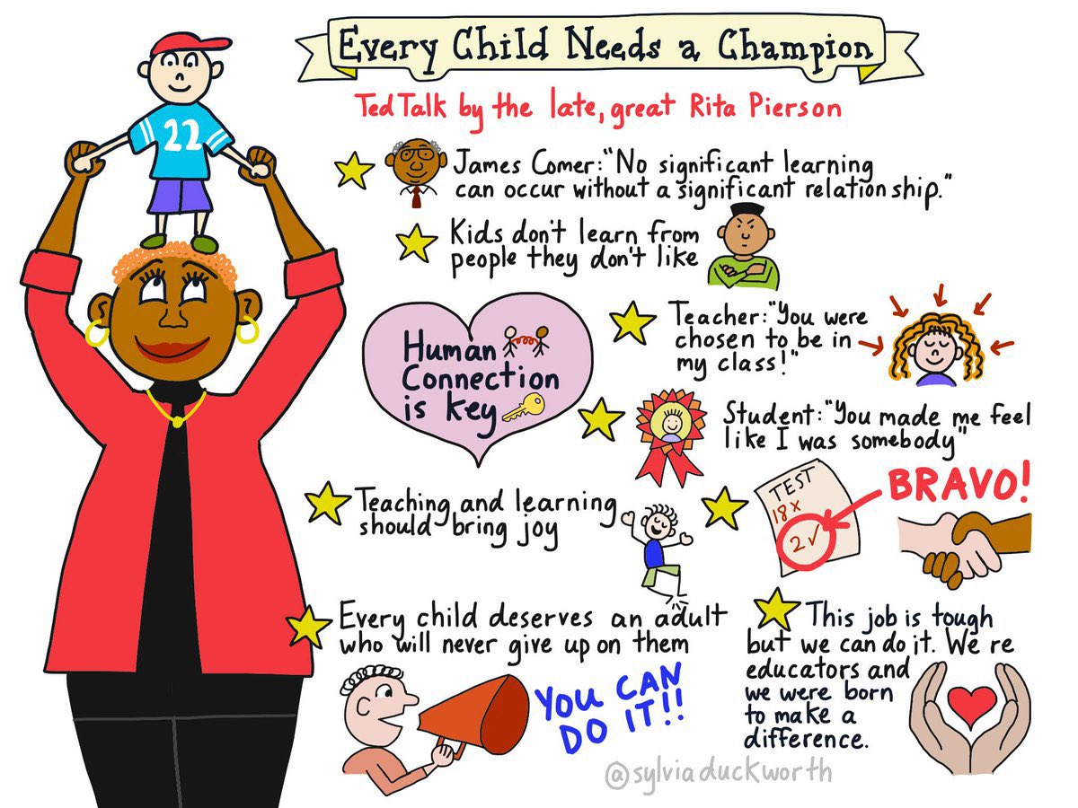 “Every child deserves a champion—an adult who will never give up on them, who understands the power of connection, and insists that they become the best that they can possibly be.” -Rita Pierson 
ted.com/talks/rita_pie…