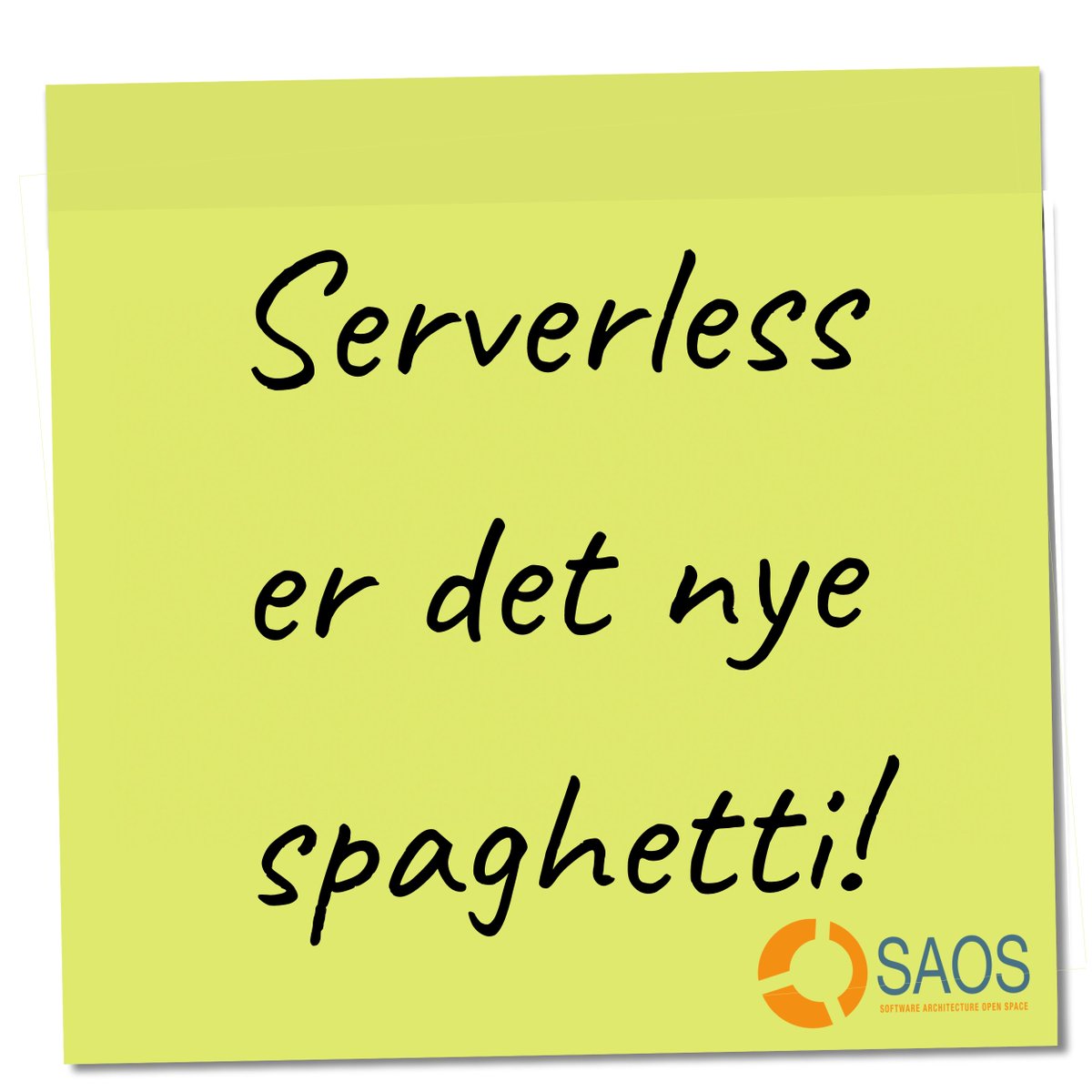lundogbendsen's tweet photo. Er Serverless det nye spaghetti, hvad tænker du? 
På #SAOS 2021 kan det være din post-it, der sætter diskussionen i gang blandt nogle af landets dygtigste IT-arkitekter.

Tilmeld dig nu: https://t.co/ZGZe4dpQwP
#saos #serverless #softwarearchitecture https://t.co/dVpz1kyjjQ