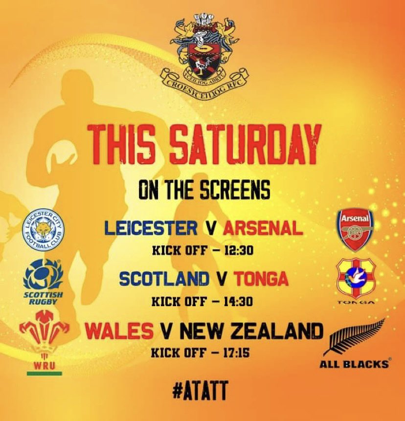 CroesyRFC's tweet photo. Come watch an action packed Saturday of sport up the club. All welcome #atatt #comeonwales #cockerels #youngcroesyrfc #rugby #welshrugby 🐓🏉🇧🇪🏉🐓 https://t.co/hFhmtnchrJ