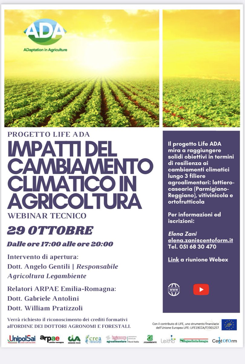 CristianMaretti's tweet photo. Clima e variazioni climatiche in Emilia-Romagna tra presente e prospettive future con #ValentinaPavan e #RodicaTomozeiu di @ArpaER
Online la registrazione del primo webinar tecnico del progetto #LifeADA #LIFEprogramme #LIFEprojects #agricoltura #cambiamentoclimatico
👇👇👇👇👇👇 https://t.co/yqBE9PniBp