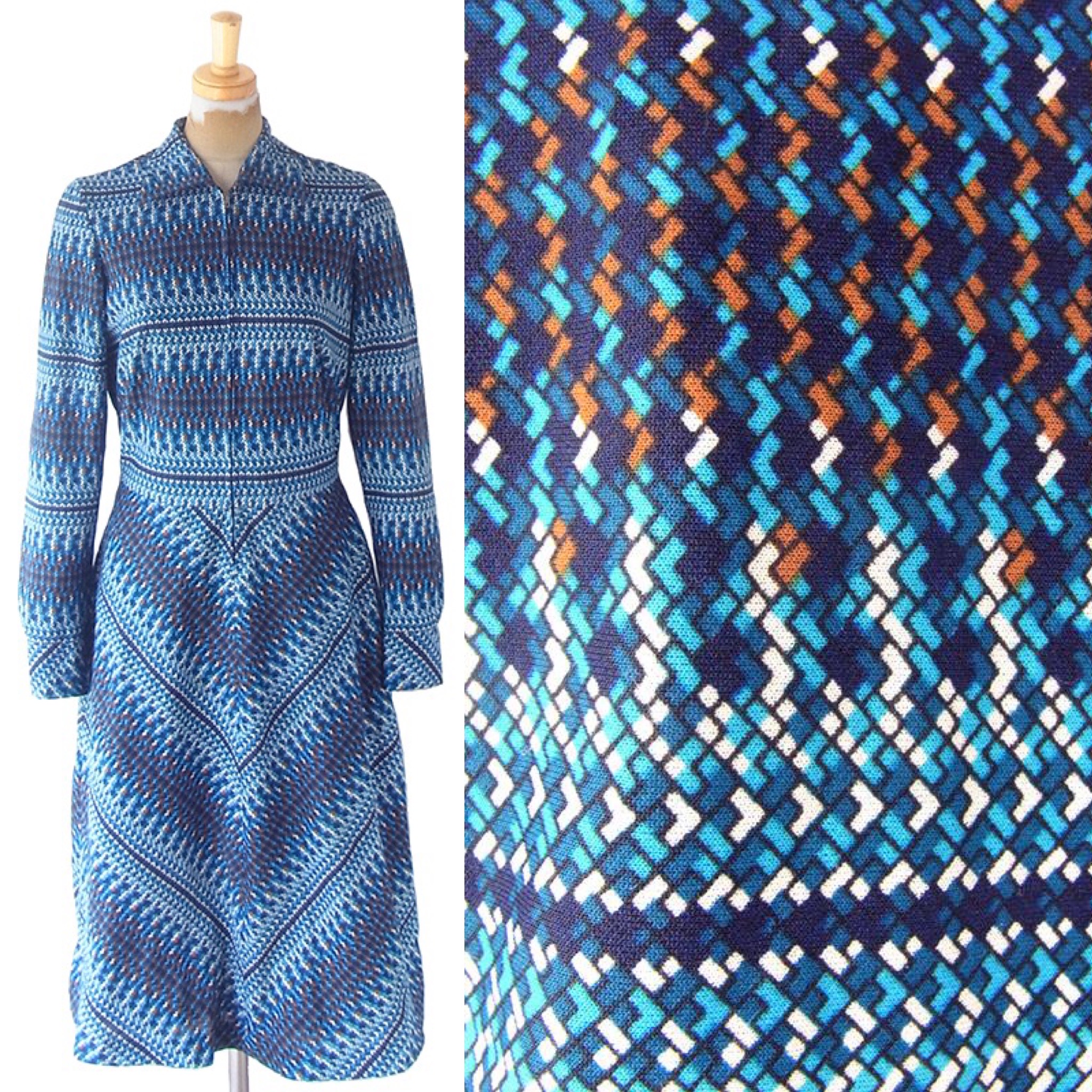 中野古着屋little Bird たった今アップしました 送料無料 ロンドン買い付け 70年代製 ブルー X ホワイト ブラウン レトロ柄 フロントジップ ワンピース 21om804 ヨーロッパ古着 T Co Bao9tbqphq 古着 中野 フランス古着 ヨーロッパ古着