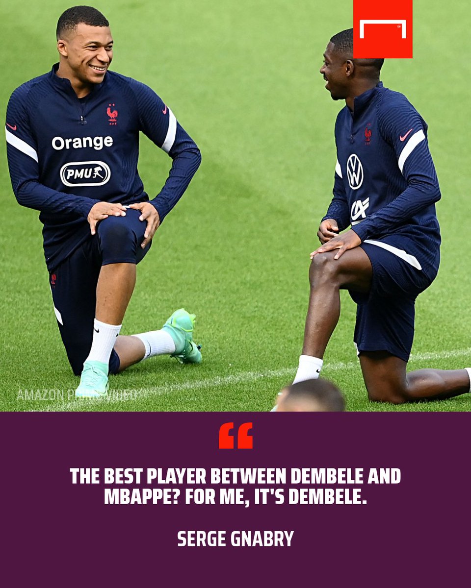 goal's tweet photo. Serge Gnabry's take on the Mbappe or Dembele debate 👀 https://t.co/mQvBLAgUbs
