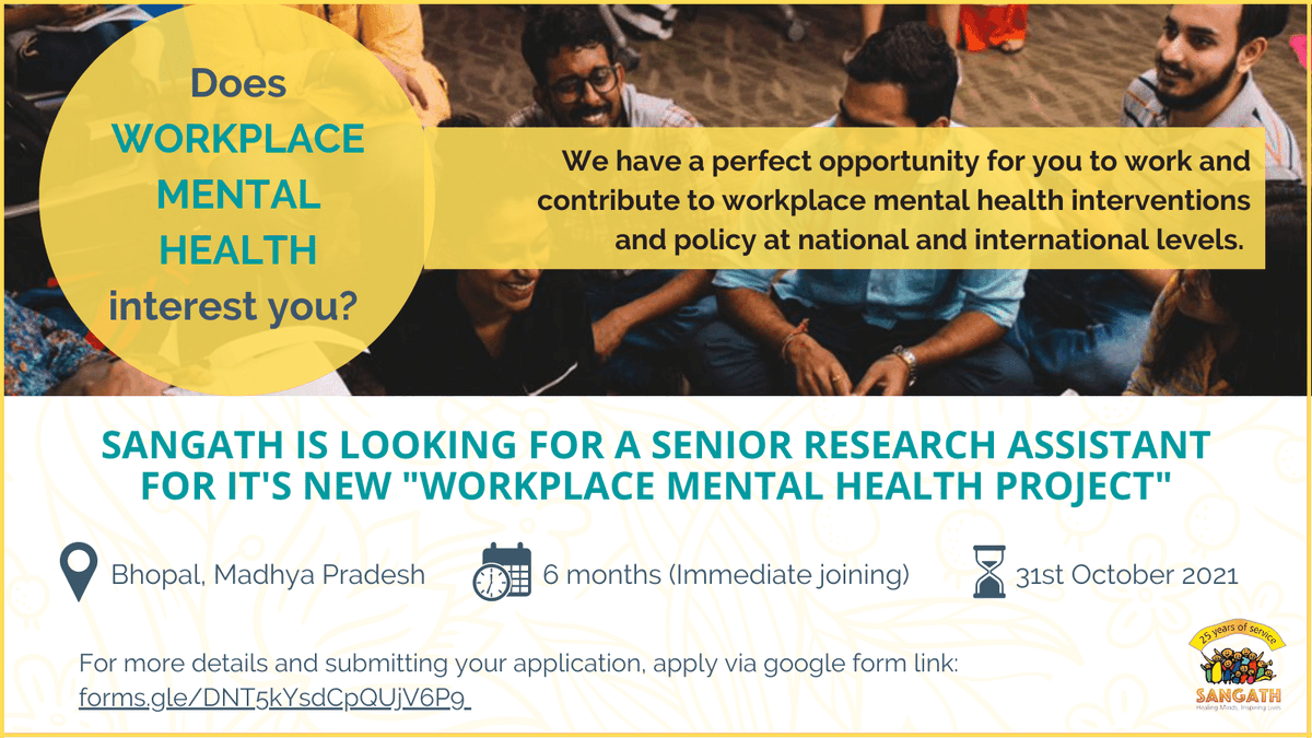 We have extended the deadline for applying for SENIOR RESEARCH ASSISTANT at Sangath Bhopal Hub for its new Workplace Mental Health Commission Project. Apply now: docs.google.com/forms/d/e/1FAI… #WorkplaceMentalHealth #MentalHealthMatters #HiringNow