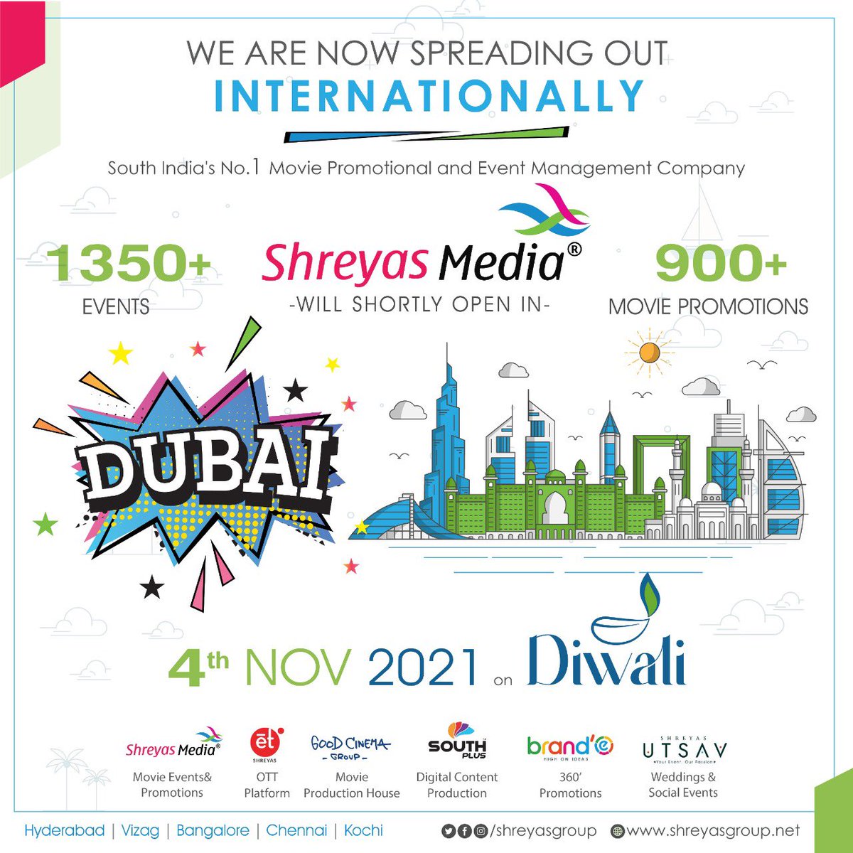 UrsVamsiShekar's tweet photo. For 10 years bringing life to movie promotions has been @shreyasgroup's mission and passion.
With 1350+ events across languages and states, being South India's No.1 Movie Promotional &amp; Event Management company we're delighted to start our Dubai journey this Diwali i.e, 4th Nov🤩 https://t.co/xwPBzgzQmw