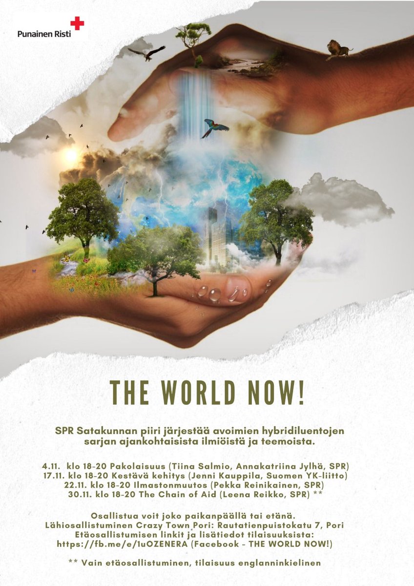 Laurammus's tweet photo. The World Now! on @SPRsatakunta järjestämä kaikille avoin hybridiluentosarja marraskuussa. Teemoina mm. #Pakolaisuus, #KestäväKehitys, #IlmastonMuutos ja #AvunKetju. Tervetuloa mukaan kuuntelemaan, oppimaan ja keskustelemaan! 🌍
https://t.co/yQltxTKtA3
#PunainenRisti #SPRnuoret https://t.co/lTbvg3EOda