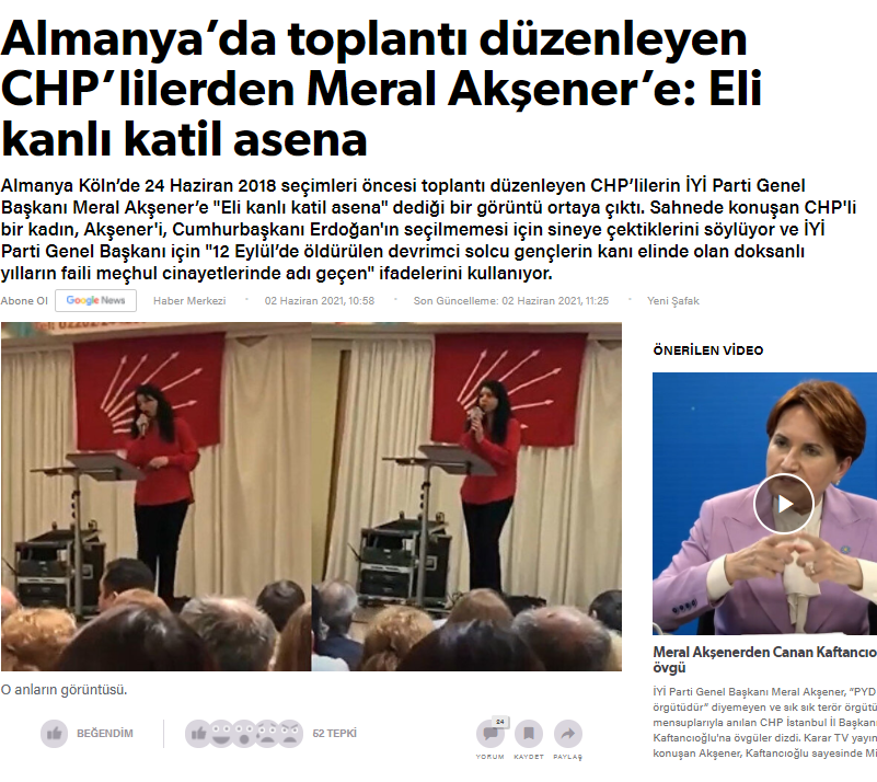 Meral Akşener Canan Kaftancıoğlu'na methiyeler düzerken, Canan K'nın elemanları Almanya'da "Akşener  Eli kanlı bir katil, Erdoğan'ı düşürmek için mecburen katlanıyoruz diyor.