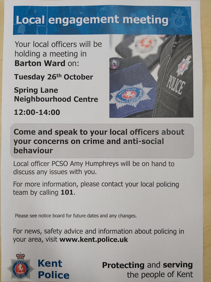 KentPoliceCbury's tweet photo. Come along to #SpringLaneNeighbourhoodCentre today to discuss any issues with your #localPCSO for #Barton ward. Grab a coffee and cake whilst your there from the #Route23Cafe https://t.co/P19NyoBgIU
