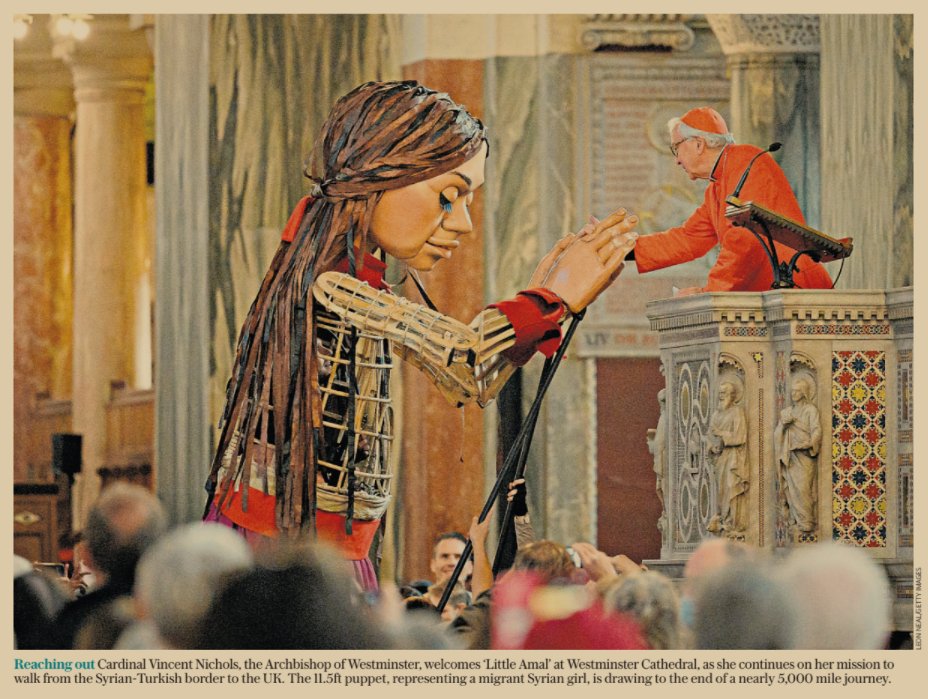 Ben Riley-Smith (@benrileysmith) on Twitter photo Lovely photo in today's Tel. <a href="/TelegraphPics/">Telegraph Pictures</a>
'Cardinal Vincent Nichols, the Archbishop of Westminster, welcomes "Little Amal" at Westminster Cathedral, as she continues on her mission to walk from the Syrian-Turkish border to the UK.' Lovely photo in today's Tel. <a href="/TelegraphPics/">Telegraph Pictures</a>
'Cardinal Vincent Nichols, the Archbishop of Westminster, welcomes "Little Amal" at Westminster Cathedral, as she continues on her mission to walk from the Syrian-Turkish border to the UK.'