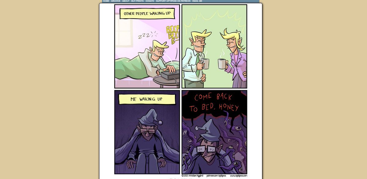 Why are mornings so 😬😣🥺 ? Takes me several hours to feel remotely human!

(I found it here: optipess.com/comic/other-pe…)