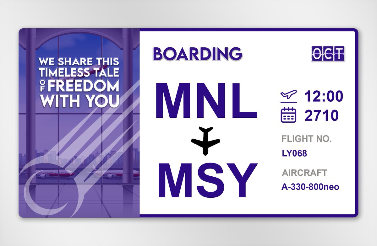 ͏͏͏͏͏͏
͏͏͏͏͏͏
͏͏͏͏͏͏
FLIGHT NO. LY068
Manila to New Orleans
10/27/21, 12:00:00
͏͏͏͏͏͏         
͏͏͏͏͏͏
͏͏͏͏͏͏