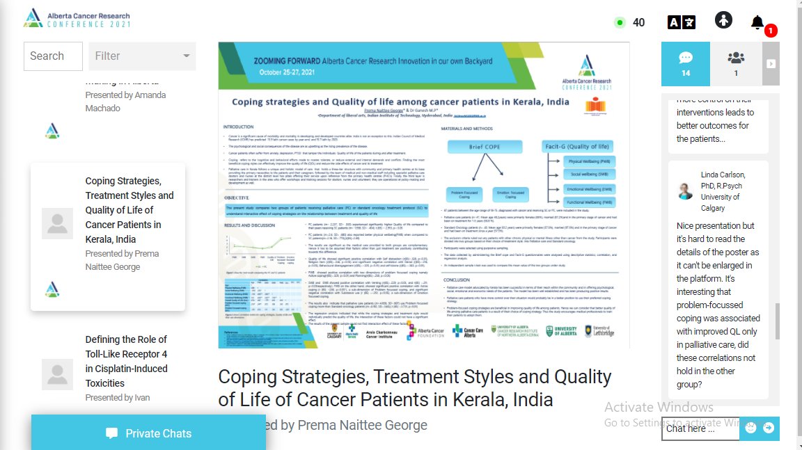 NaitteePrema's tweet photo. Presenting a poster on my work Coping strategies and  Quality of life among cancer patients in Kerala at Alberta Cancer Research Conference 2021 #ACRC2021 
Thank you #DrGaneshMP for your guidance.
@psycho_onc @IITHyderabad 
#keralamodel of Palliative care https://t.co/KC7b15R5RC