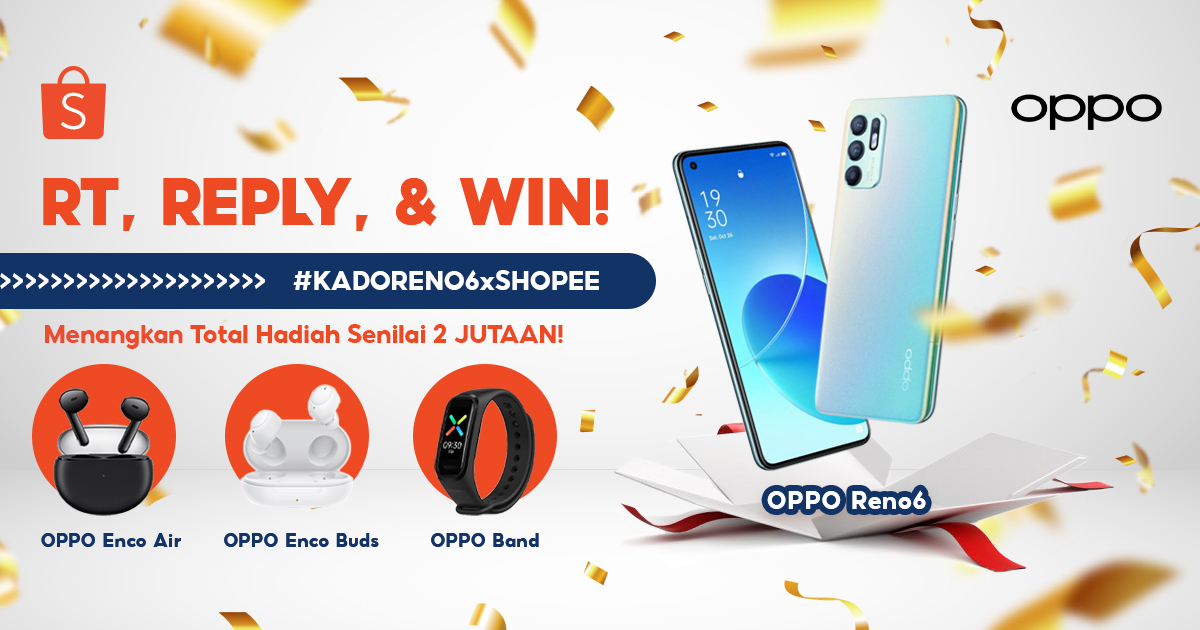 Sobat Shopee! Hari ini mimin &amp; OPPO mau giveaway aksesoris OPPO senilai total 2 JUTAAN nih! Caranya:

1. FOLLOW <a href="/ShopeeID/">Shopee Indonesia</a> 
2. RT &amp; LIKE tweet ini
3. REPLY 'AKU MAU IOT BUAT OPPO RENO6 #KADORENO6xSHOPEE' SEBANYAK-BANYAKNYA!

3 orang pemenang dipilih acak &amp; diumumkan 2 Nov 2021