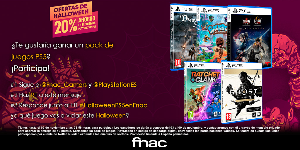 Fnac_Gamers's tweet photo. Las ofertas de #Halloween de #PlayStation ya han comenzado y para celebrarlo... ¡Vamos con un sorteo!📢
✅Sigue a @Fnac_Gamers y @PlayStationES
✅RT al tweet
✅Responde junto al HT #HalloweenPS5enFnac ¿a qué juego vas a viciar este Halloween?🎃 https://t.co/kxy2jbTmr5