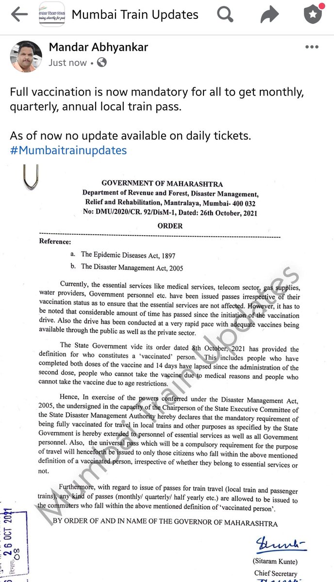 Full vaccination is now mandatory for all to get monthly, quarterly, annual local train pass. 

As of now no update available on daily tickets. 
#Mumbaitrainupdates

facebook.com/groups/Mumbait…

<a href="/AmhiDombivlikar/">/आम्ही डोंबिवलीकर 💕 KDMC</a>
