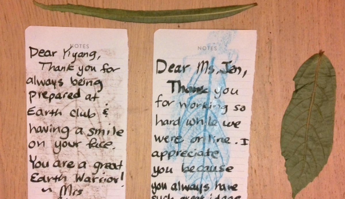 Teaching an Earth club online hasn't been the easiest thing but we find ways to make it fun &amp; engaging! #Earthclub leaf rubbings.  Today we made leaf rubbings on recycled paper to build the best airplanes and then figured out how to make some beautiful thank you notes!