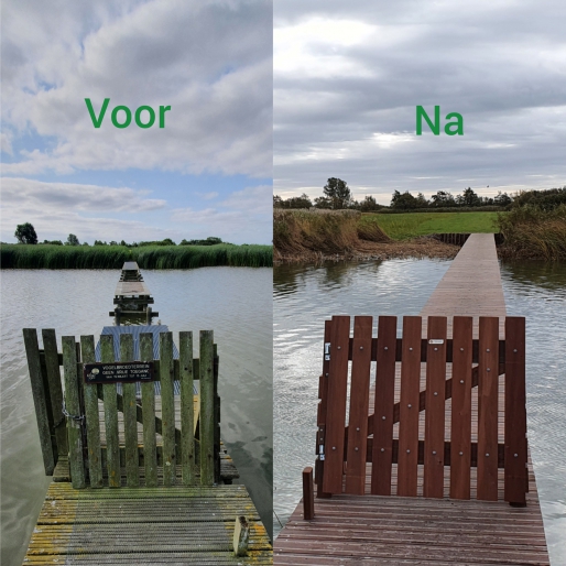 deboerendegroot's tweet photo. De renovatie van de wandelbrug in natuurgebied Makkumersúdwaard is gereed. Afgelopen zaterdag werd de brug officieel geopend door opdrachtgever @ItFryskeGea en onze collega Jacob Klaver. 

👷‍♂️Meer info: https://t.co/2FCSetuwXJ

#makkum #bruggen #waterbouw #opdegrensvanlandenwater https://t.co/nzIkEBMaAH