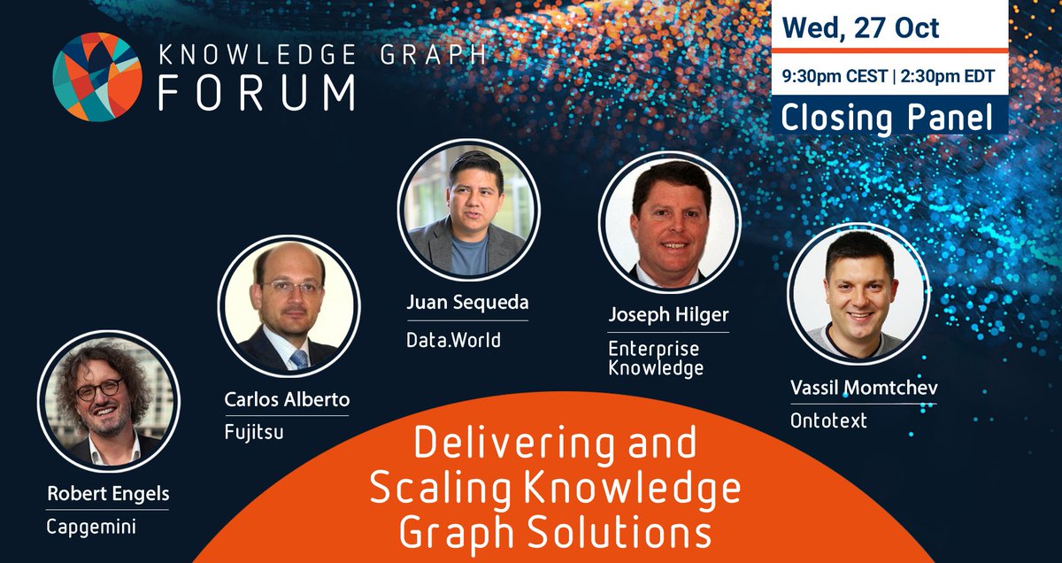 Robert Engels f/m <a href="/Capgemini/">Capgemini</a>, Carlos Alberto f/m <a href="/Fujitsu_ES/">Fujitsu España</a>, <a href="/jhilgerbc/">Joseph Hilger</a> f/m <a href="/EKConsulting/">Enterprise Knowledge</a> &amp; <a href="/vassil_momtchev/">Vassil Momtchev</a> f/m Ontotext, moderated by <a href="/juansequeda/">Juan Sequeda</a> f/m <a href="/datadotworld/">data.world</a> are closing off #KGF21. We can't be more excited! We start today, registration is free: hubs.la/H0-2HXC0