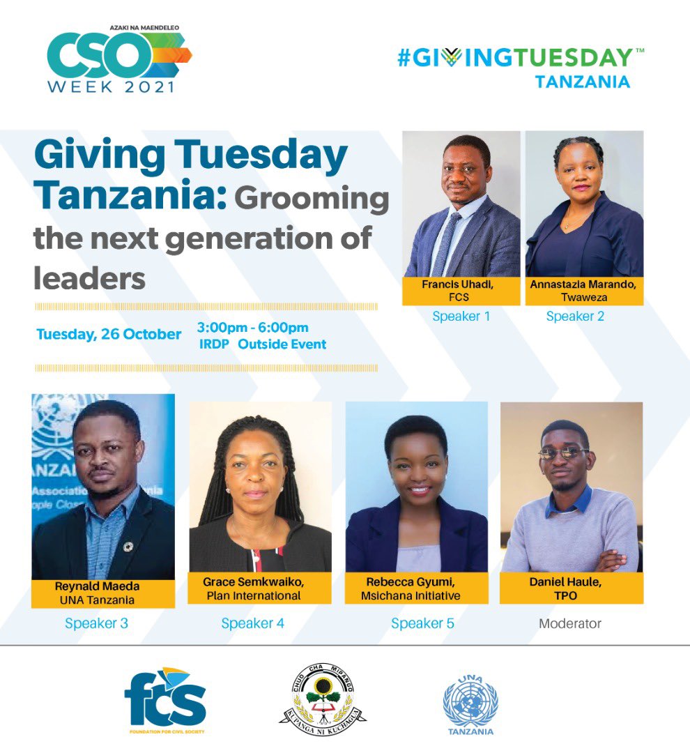 HauleDaniel1's tweet photo. Today I will moderate @GivingTuesdayTZ session at the @CSOWeek 2021 on Grooming the next Generation of leaders.

You’re mostly welcome.

@RebecaGyumi @Reynaldmaeda @FrancisUhadi @Plan_tanzania @Twaweza_NiSisi https://t.co/UNcSC8eJcw