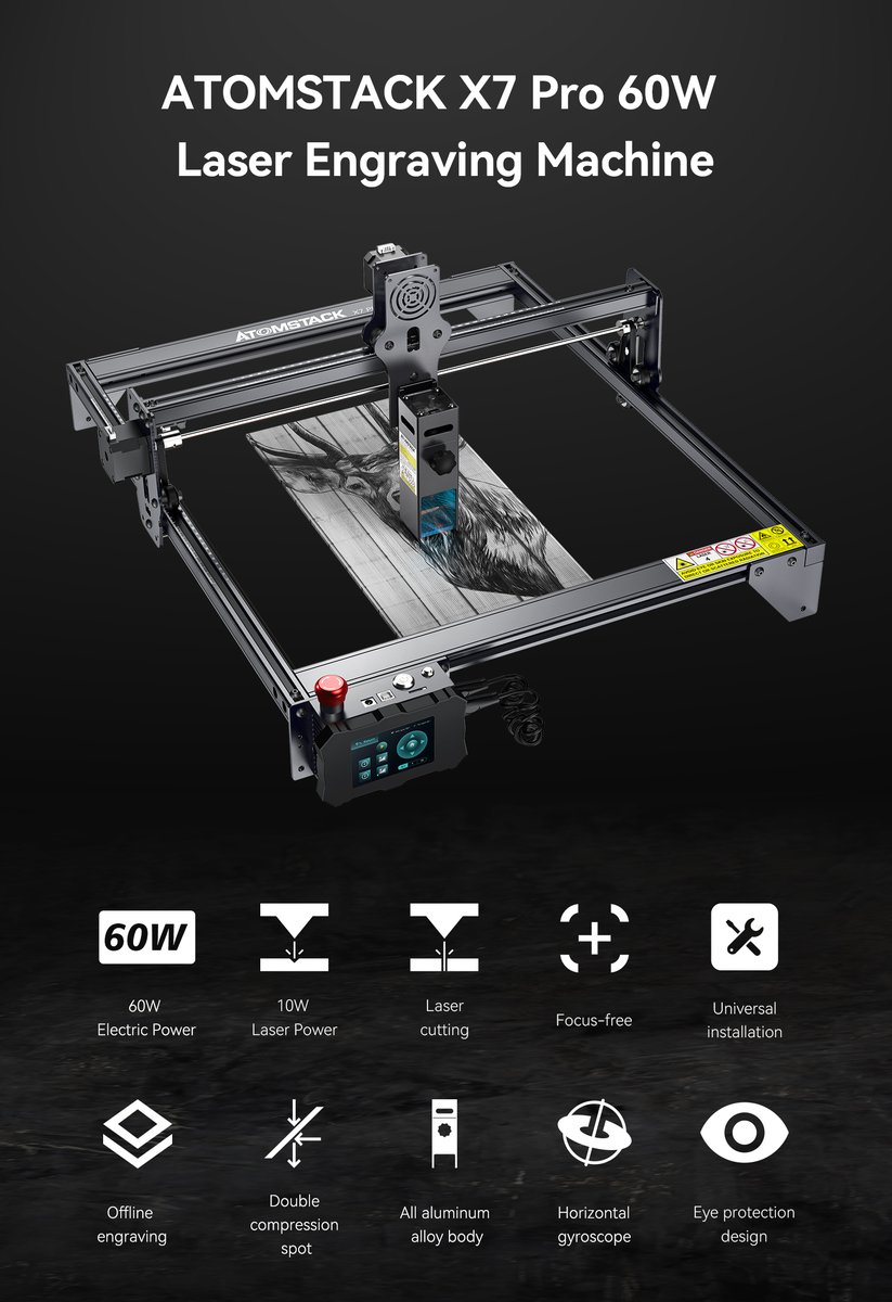SAtomstack's tweet image. The latest product news express, AtomStack X7 Pro will be coming soon. Find it from Amazon, Aliexpress, eBay for AtomStack X7 Pro.  More power for wood cutting, with emergency switch, Wifi & Bluetooth linked. You will like it. #laser #lasercut #laserengraving #lasercutting