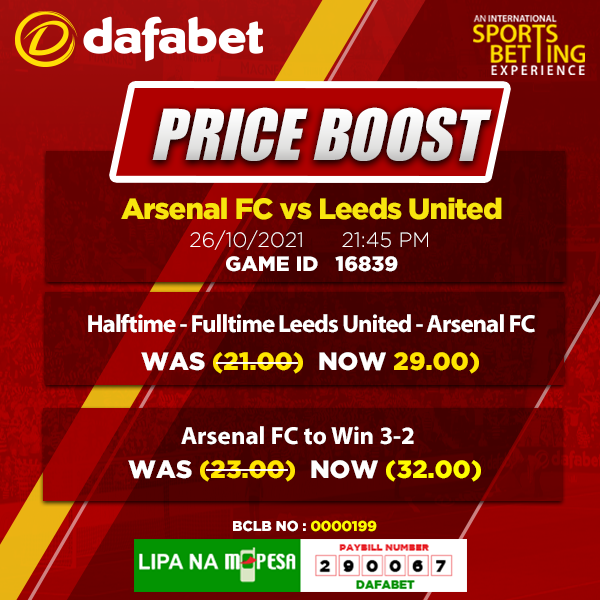 DafabetKenya's tweet photo. ⚽️ Arsenal FC vs Leeds United
🏆 EFL CUP
🕣 21:45 PM E.A.T
🎰 For all the odds & #Priceboosts
visit 👉https://t.co/suF4M3x1ti make your selections
🔞+ https://t.co/Rxi2U2yuyS
*T&C's apply https://t.co/5d5U2oHG7u
