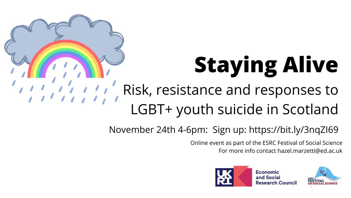 🏳️‍🌈📢Want to know more about LGBT+ youth suicide in Scotland?📢🏳️‍🌈 

Join us: 24th November 4-6pm
Sign-up: bit.ly/3nqZI69

We will share findings from our 3year research project and discuss possible future actions to reduce LGBT+ youth suicide in Scotland! #ESRCFestival