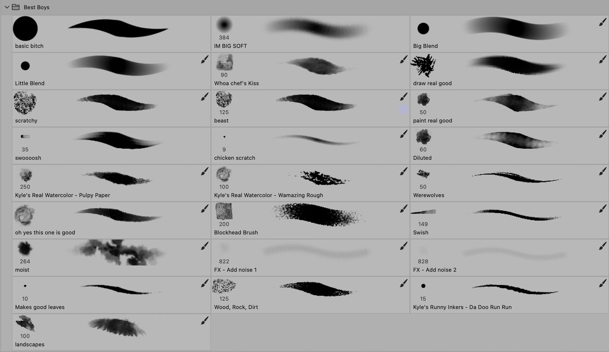 I get this question a lot but here are the PS brushes I use when I draw~ Some brushes are used for very specific things but in general I stick to 'IM BIG SOFT', 'beast', 'whoa chef's kiss' and 'draw real good' brushes LOL a combo of these four tend to make up most of my drawings 