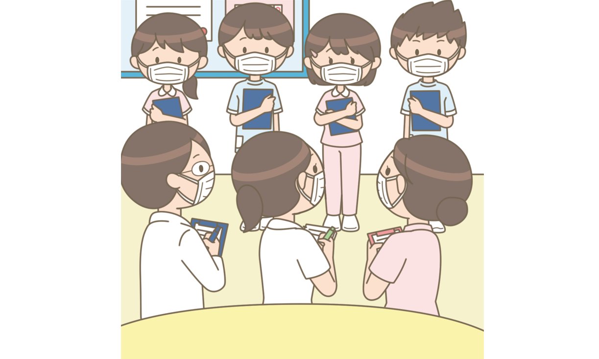 看護師 イラスト集 看護roo ナースステーションで看護学生 男子学生2人 女子学生2人 が朝の挨拶をしているイラストです 医師1人と看護師2名も挨拶しています フリーイラスト フリー素材 看護師イラスト集 看護師 イラスト集 ナース