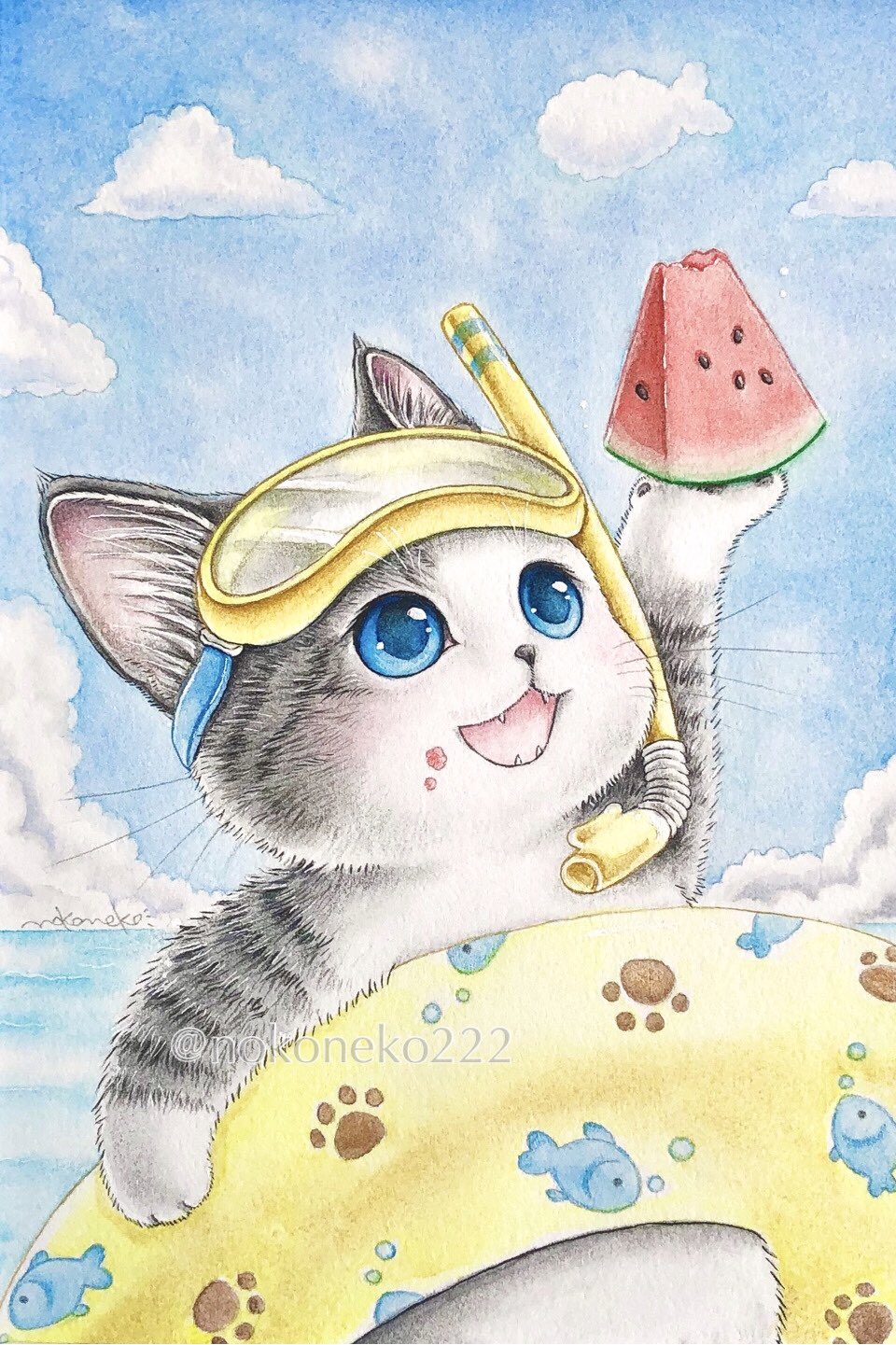のこねこ スイカの季節 22カレンダー7 8月 のこねこ個展もぐもぐにゃんこ こねこのワルツ T Co U8svzozshz Twitter