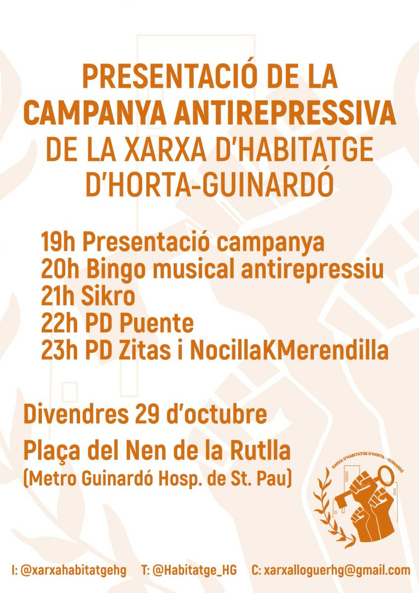 🔥PRESENTACIÓ CAMPANYA ANTIREPRESSIVA🔥

Des de les 19h fins tard gaudirem d'una vetllada de concerts, actes i sopar a preus populars!

📅 Divendres 29
⏰ Des de les 19h
📌 pl. Nen de la Rutlla

Porta el teu got!

Contra el capital, organització veïnal!