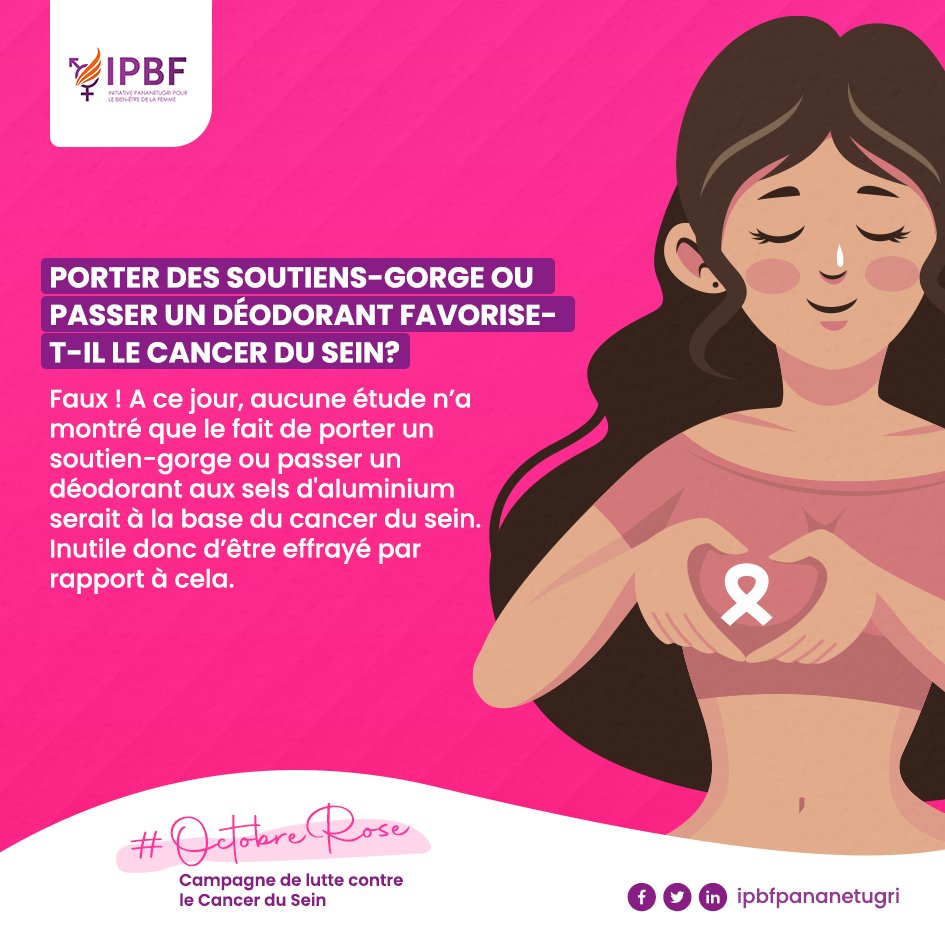 ipbfpananetugri's tweet photo. Le soutien-gorge ou encore les déodorants sont souvent évoqués comme étant des facteurs pouvant favoriser le #cancer du sein. Une fois encore, il n'en est rien. Aucune étude ne l'a prouvé à ce jour.
#Canserdusein
#OctobreRose #TruthAboutCancer #IPBF https://t.co/T8m6NkpYx7