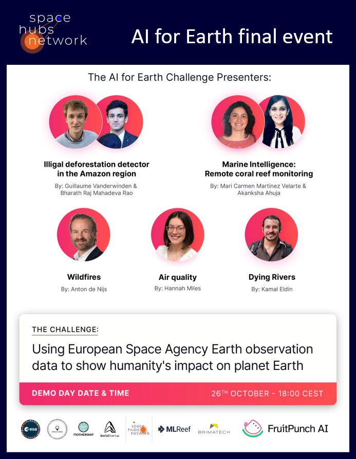 spacehubsnet's tweet image. Today, our #AIforEarth challenge will come to an end.
6️⃣teams have completed the challenge w/ some amazing results. During the final presentations, they will show the yield of all their efforts. Join us to see how we mapped humanity&apos;s impact on Earth! 🔭 lnkd.in/epn6Kfrg