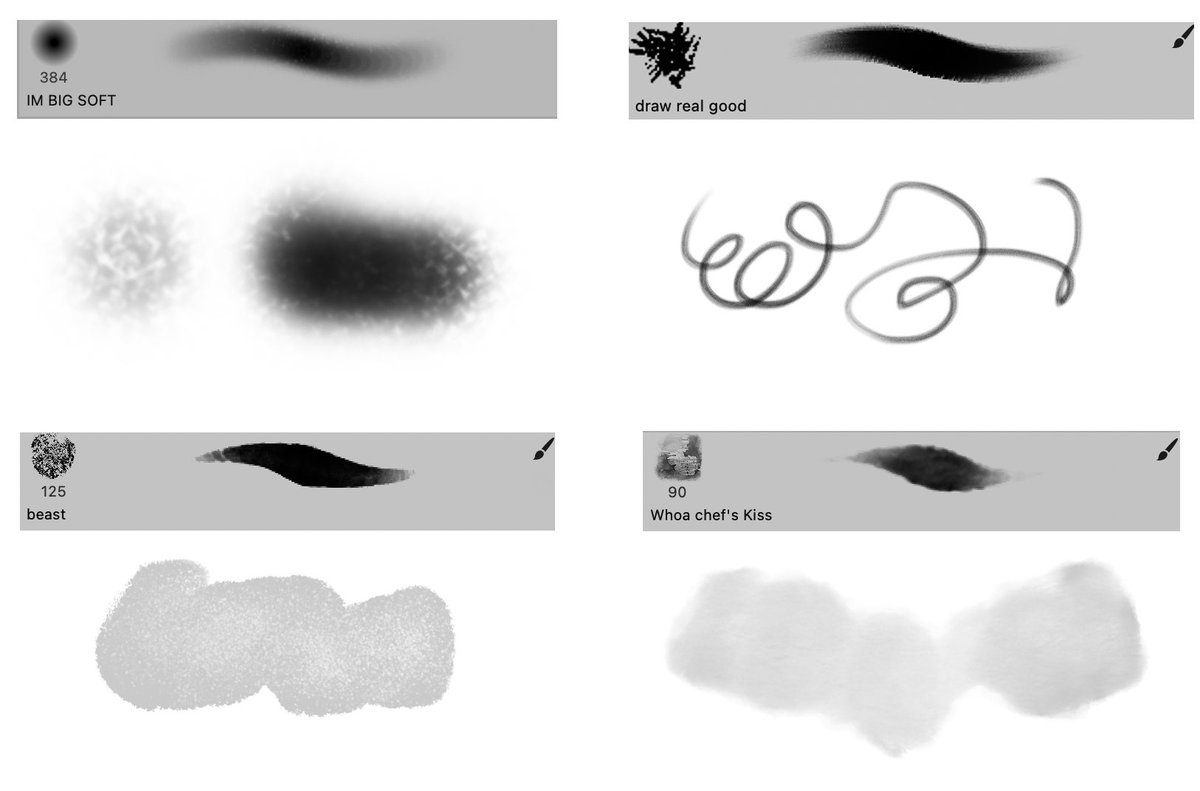 I get this question a lot but here are the PS brushes I use when I draw~ Some brushes are used for very specific things but in general I stick to 'IM BIG SOFT', 'beast', 'whoa chef's kiss' and 'draw real good' brushes LOL a combo of these four tend to make up most of my drawings 