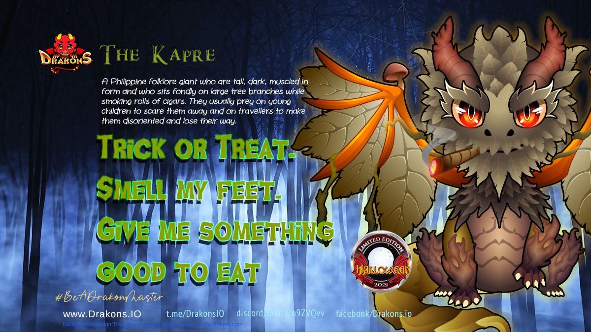 my_rachelle's tweet photo. The 3/4 @DrakonsIO 2021 Halloween #LimitedEdition brings you the “KAPRE”.

Thinking about traveling to unfamiliar places or having a picnic under a big tree, be careful as you might encounter this giant 👻🎃

@coinkit_ com 1 300 DGB #BeADrakonMaster https://t.co/E0ZOfNM8CG