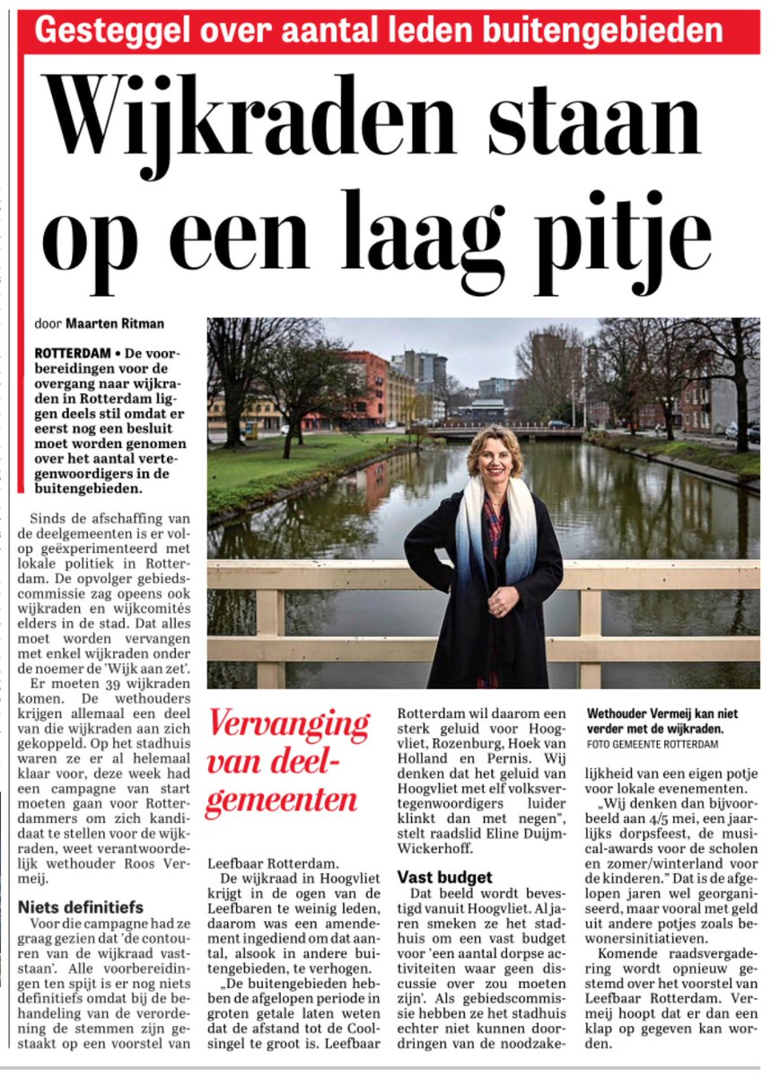 'De buitengebieden hebben de afgelopen periode in groten getale laten weten dat de afstand tot de Coolsingel te groot is.'

Om de slagkracht van de buitengebieden te versterken heeft Leefbaar raadslid <a href="/DuijmWickerhoff/">Eline Duijm Wickerhoff</a> een voorstel ingediend om het aantal zetels op te schroeven.