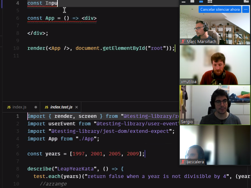 PisosEng's tweet photo. LeapYear #kata con #react #jest #testinglibrary 👇
#TeamHS #Learning #MobProgramming #CodingDojo https://t.co/O6RSKKEHz8