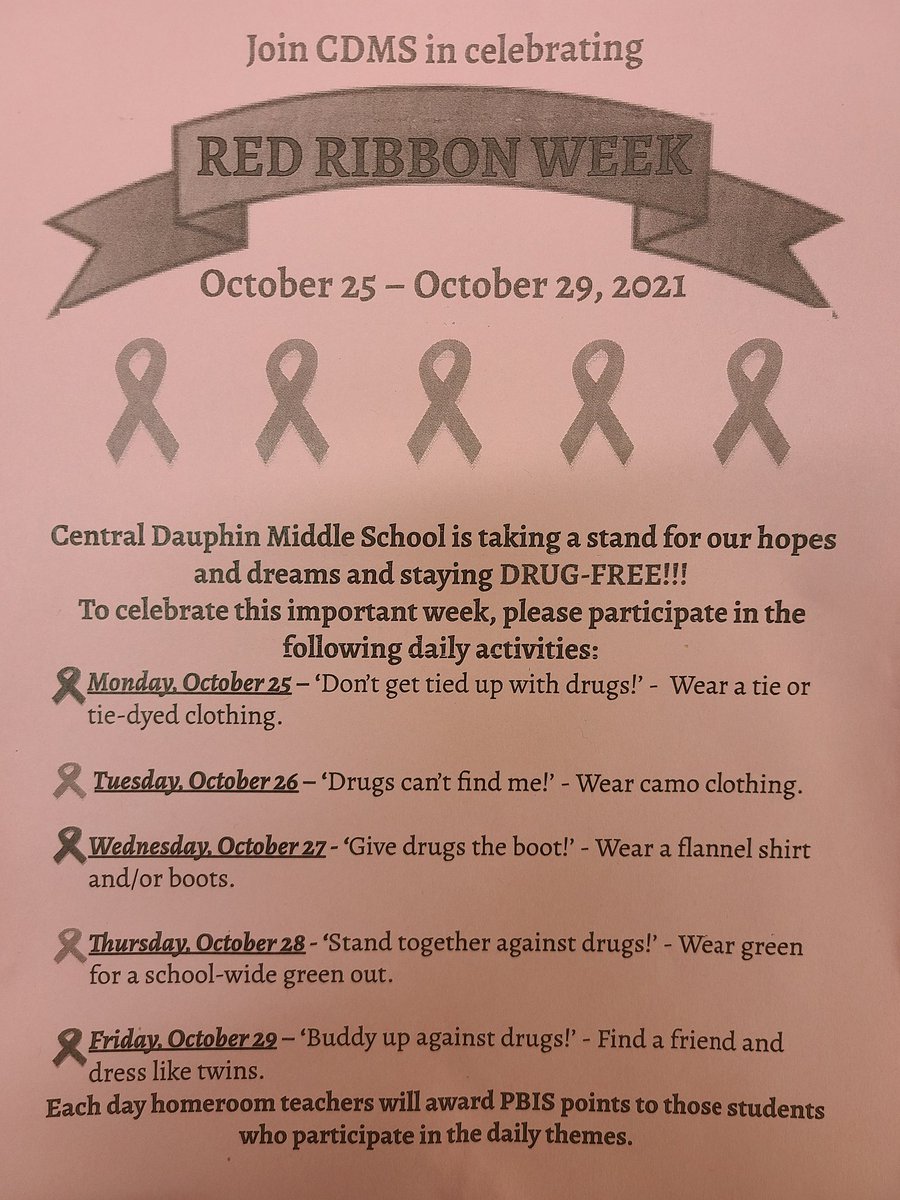 cd_middle's tweet photo. Day 2️⃣ of Red Ribbon Week at CDMS! 
Tuesday: Wear camo. 
Participants will be awarded PBIS points. https://t.co/mOewZjE1KR
