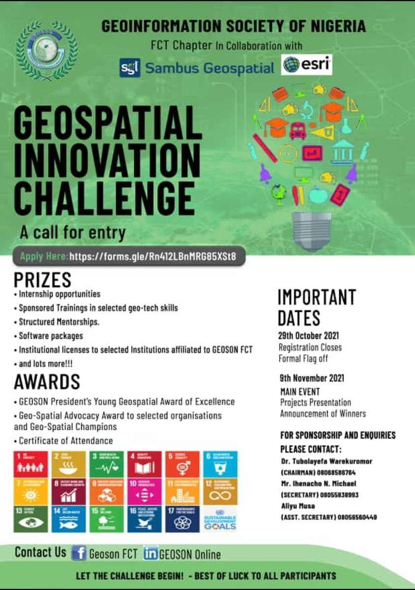 DrTubo's tweet photo. Looking forward to this one. The response has been amazing so far.
We are heightening geospatial advocacy & building geospatial capacity by developing viable solutions to real-life problems & achieving the SDGs.
#GeospatialInnovationChallenge
#SDGs
#GEOSON
#GISDay
#GISDay2021 https://t.co/WPwHWWQsED