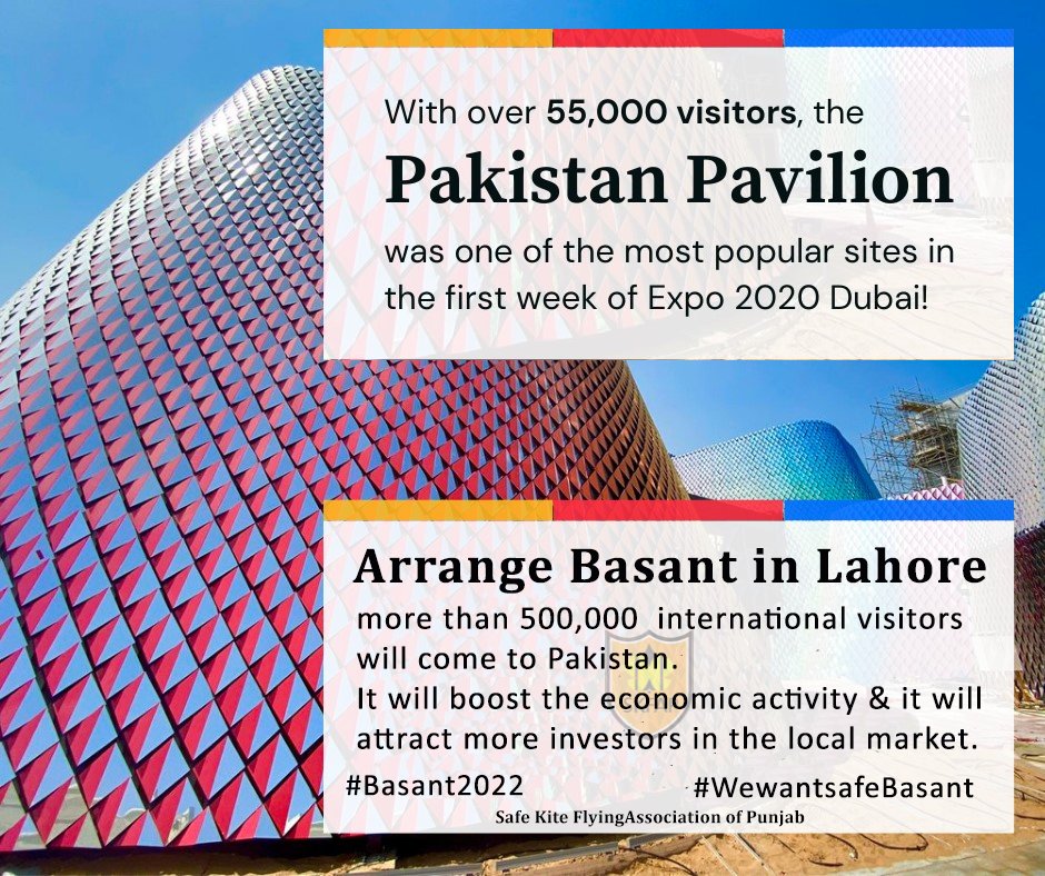 SafeKiteFlying's tweet photo. With 55,000+ visitors, The#PakistanPavilion was 1 of the most popular sites in the 1st week of the #Expo2020 Dubai!
But if
@GovtofPakistan
arrange #Basant2022 in historical city #Lahore, more than 500,000 international visitors will come to Pakistan to experience this event. https://t.co/IU36DzGmTr