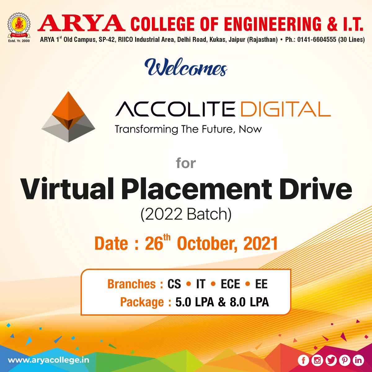 aryacolleges's tweet photo. #AryaCollege of Engineering & IT welcomes @AccoliteDigital for #VirtualPlacementDrive 2022 Batch on 26th Oct 2021 at #Arya1stOldCampus.
Aceit wishes all the very best to the students appearing in the #PlacementDrive2021.
#placement #placementdrive #placements2021 #aryaplacements https://t.co/Hf5nK5KqIV