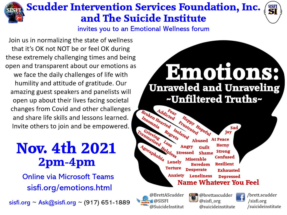 Elated Mr. <a href="/BrettAScudder/">Brett A. Scudder-President, Chairman, CEO</a> is hosting "Emotions: Unraveled/Unraveling ~Unfiltered Truths" #MentalHealth #EmotionalWellness #LifeSkills event, 11/4, 2pm EST <a href="/SuicideInstitut/">The Suicide Institute- training, research, support</a>. Guests from USA/UK sharing #EmotionalPain #anxiety #depression, hope, healing, recovery #TheSuicideNetwork
