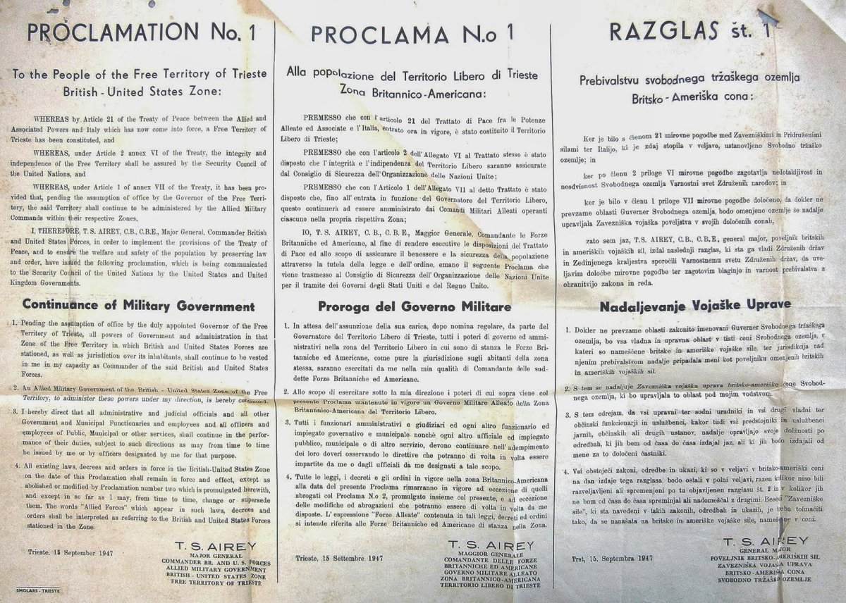 TriesteLibera's tweet photo. #26October is the perfect day to call (back) the Governments of the USA๐บ๐ฒ and of the UK๐ฌ๐ง, which provided the #AMGFTT, the impeccable first Government of State of the present-day #FreeTerritory of #Trieste - #FTT.
#BETFOR #TRUST #Trieste74 #FTT74
https://t.co/YPn0U7MS9v https://t.co/stX2oiJrk3