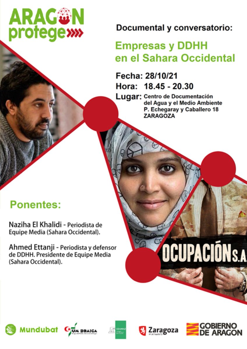 observat_aragso's tweet photo. Programa Aragón Acoge se ha preparado una charla debate sobre la explotación de los recursos naturales del Sáhara Occidental en la que participan @ElkhalidiNazha y @AhmedEttanji de @Equipe_Media Media y Ahmed Ettaji, donde se proyectará el documental Ocupación S.A. de @Mundubat https://t.co/UHxTPV5WAg