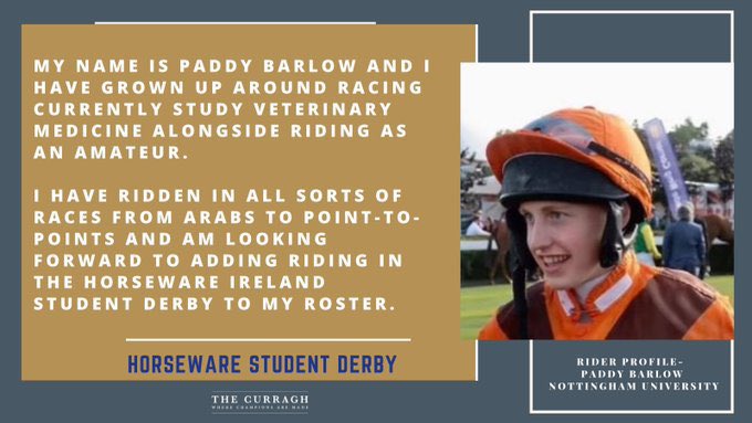 ARO_Racing's tweet photo. #goodluck to all in the 4.40pm @Horseware #studentderby @curraghrace especially Paddy Barlow @Jessica_Racing @NUHorseRacing @UniofNottingham who rode throughout our 2021 season for @PeterHammersle3 @amajox π@irishracing @SportingLife @RacingPost @ArabianRH @european_shf https://t.co/BGMM7qfnyR