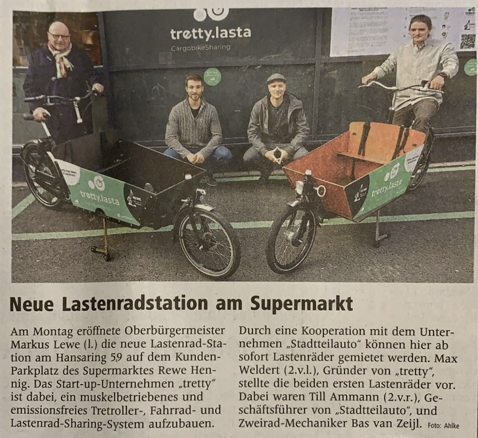 tretty_sharing's tweet photo. Gestern war die offizielle Eröffnung unserer ersten #tretty Lastenrad-Station.😇 Vielen Dank an den Oberbürgermeister Markus Lewe und alle Unterstützer!💚 Am Rewe Hennig am Hansaring könnt ihr seit dem 01.10. die ersten zwei #tretty.lasta über die tretty App ausleihen! 🥳 https://t.co/lCJi57PXOD