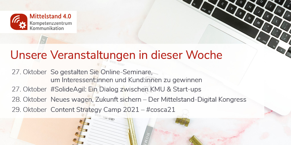 Egal ob @MittelstandDigi-Kongress, #cosca21 oder #SolideAgil - diese Woche haben wir viele spannende Veranstaltungen für Euch im Programm!

➡️ Für alle Teilnehmer:innen des #cosca21: Gebt bitte Eure Tickets zurück, falls Ihr nicht teilnehmen könnt.

#komm_digital #Veranstaltungen